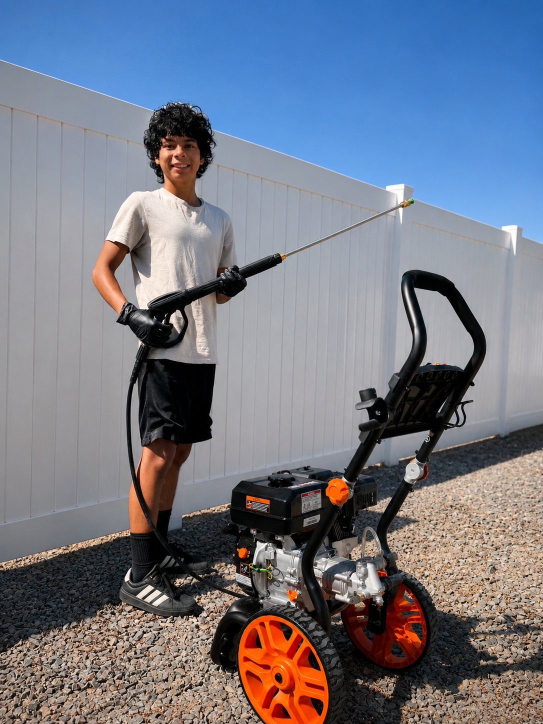 Micah, owner of Prime Bin Cleaning, with the pressure washer